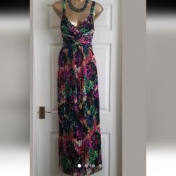 Floral Print Pleated Chiffon Overlay Long Maxi Occasion Dress Lined NEXT 10 