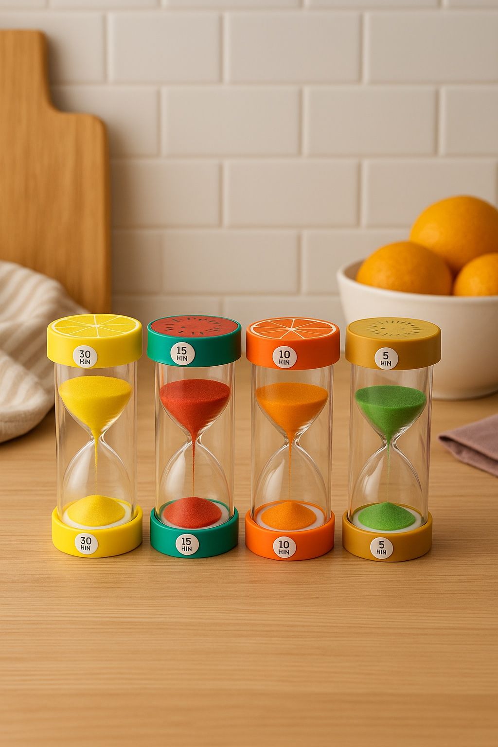 4 Fruit-Themed Hourglass Timers Kitchen Decor Kids Activities Gift, 2.25x5.5” 🎁
