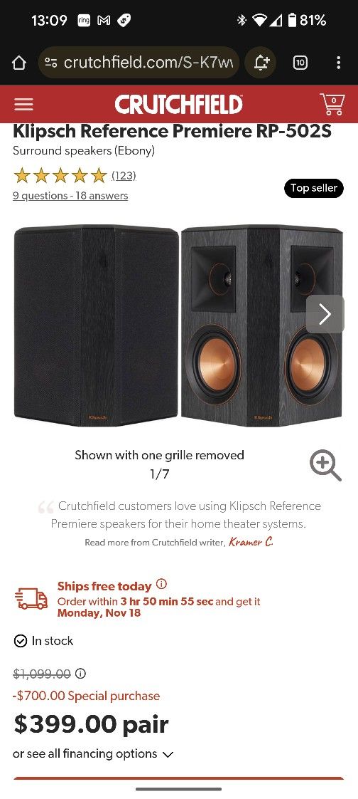 Klipsch RP-502S Surround Sound Dual Speakers. Ebony