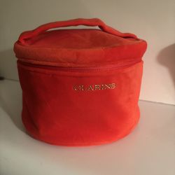 Clarins Toiletry Travel Makeup Pouch Bag New. Faux gold accents. 21.5” Circumference. 4.5” Tall.. Condition is New with tags. Beautiful recycled mater