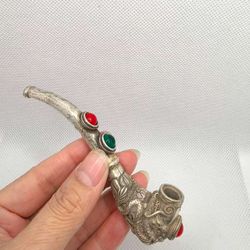 Antique Collectible Silver “Dragon and Phoenix Auspicious” Tobacco Pipe 。