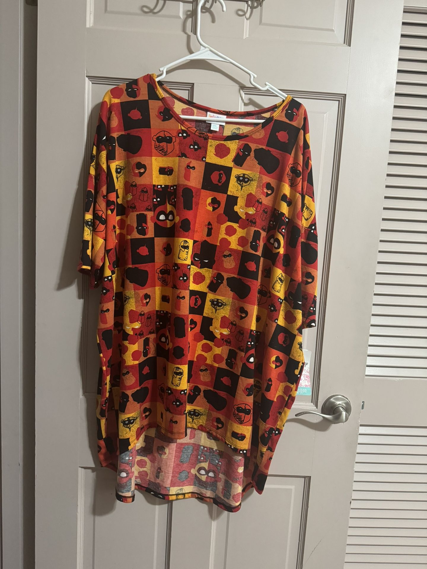 LuLaRoe Irma Tee Size 2XL Womens Disney Incredibles Multicolor Print Blouse Top NWT
