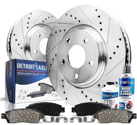 Detroit Axle Drilled And Slotted Brake Kit Includes Rotors And Brake Pads With Brake Fluid And Cleaner