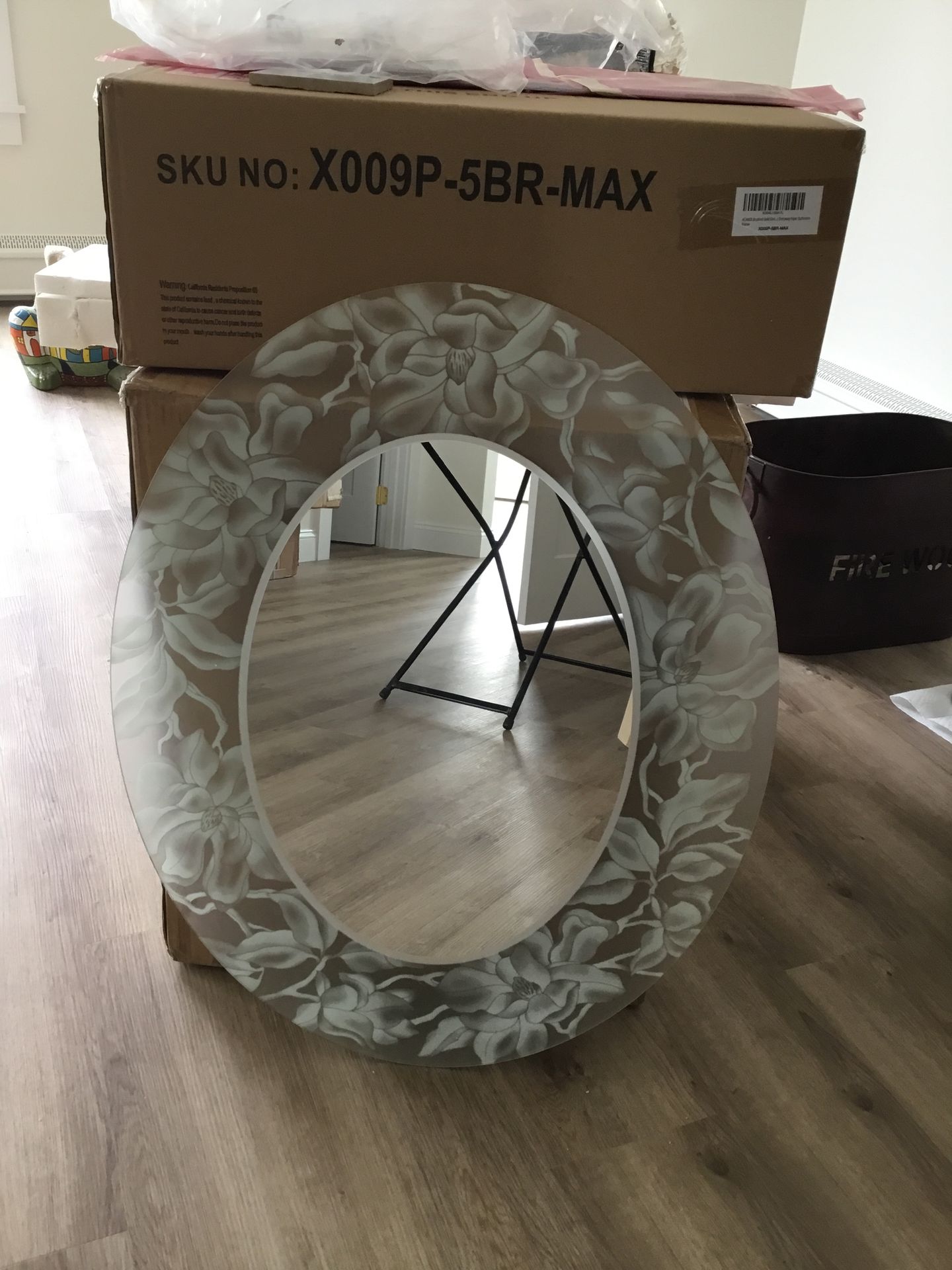 BEAUTIFUL WHITE ETCHED FLORAL OVAL MIRROR 29 L X 23 W - PERFECT CONDITION