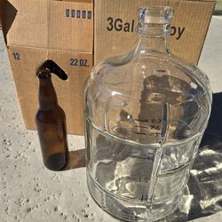 3 Gal Glass Carboy, 12 Pcs 22oz Bottles, Micro brew, Beer Making, All For $5
