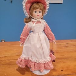Vintage Bradley Porcelain Doll ~ Bonnet, Blue Eyes, Pink Dress, 13", Brown Hair
