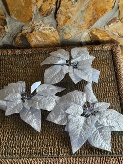 Silver Glitter Poinsettia 8 inch Clip Ons