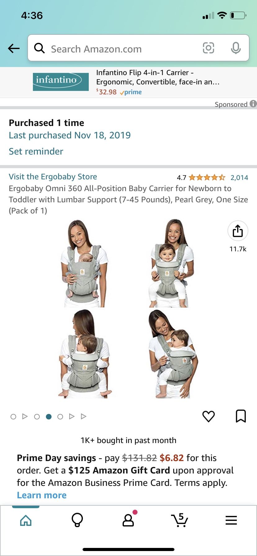 Ergobaby Omni 360 All-Position Baby Carrier for Newborn to Toddler with  Lumbar Support (7-45 Pounds), Pearl Grey, One Size (Pack of 1)