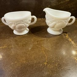 Vintage 2 piece set Milk Glass Footed Creamer Pitcher/ Sugar holder fruit design