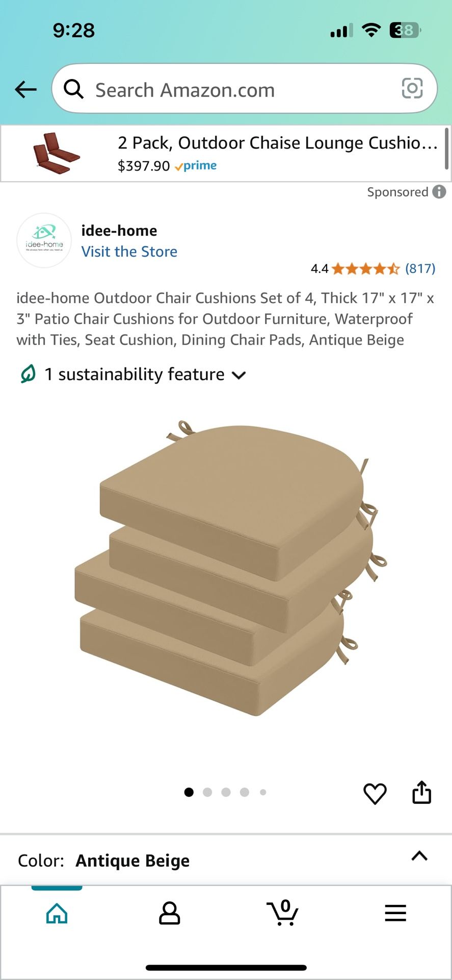 Idee-Home Outdoor Chair Cushions Set Of 4. 17”x17”x3”Th