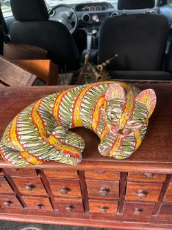 Missing out on this would be a cat-astrophe; Vintage Oaxaca Painted Carved Wood Cat: