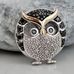 🦉 So Cute!! 10k Solid Gold, Sterling Silver Black And White Diamonds Pendant, BEAUTIFUL!!