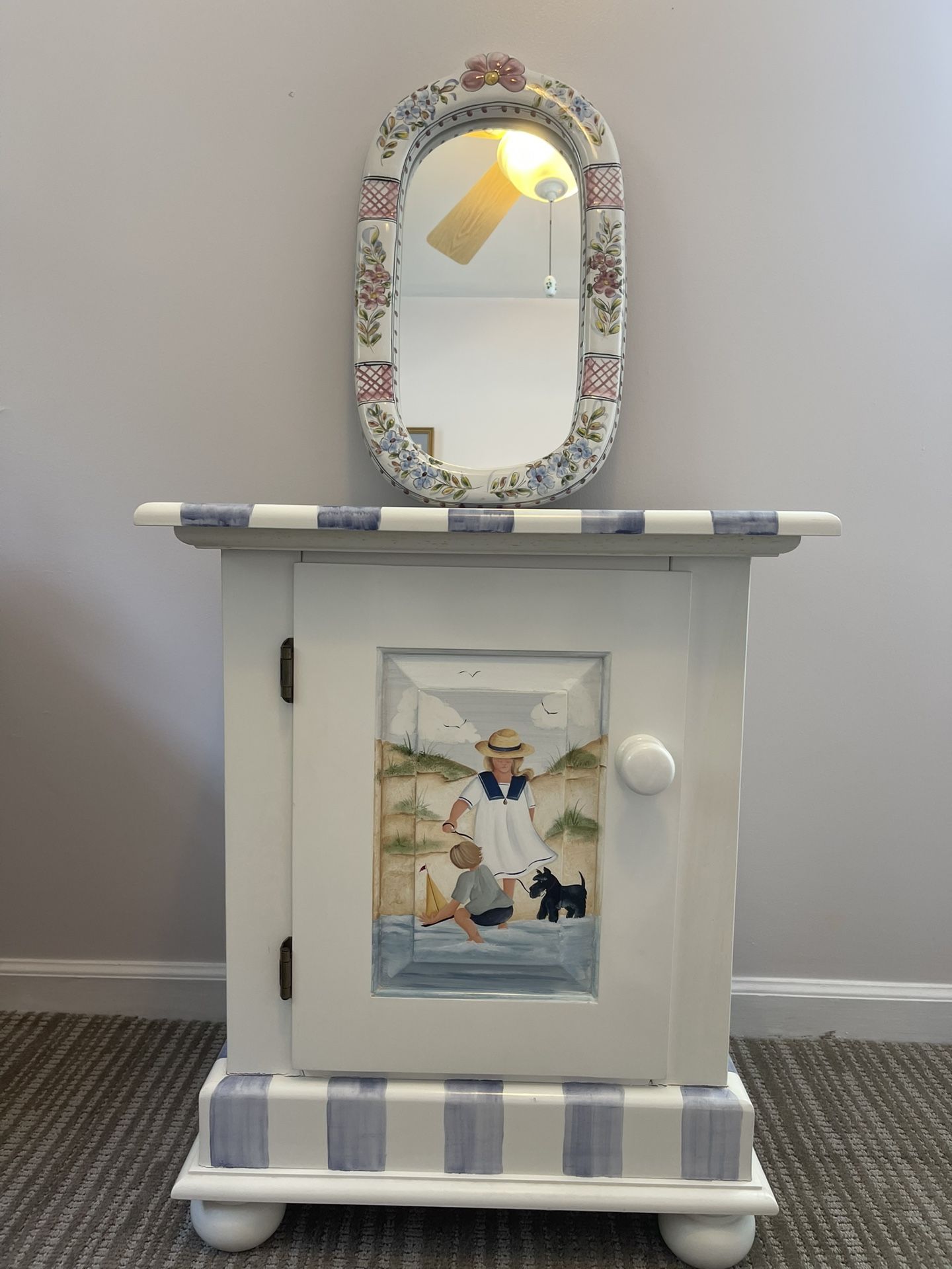 Nantucket Hand Painted Cabinet and Porcelain Mirror