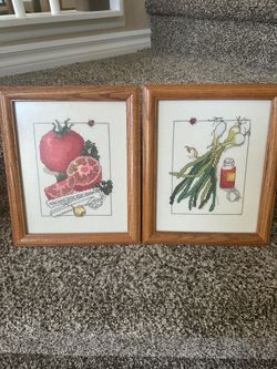 Framed Cross Stitch Vegetable Wall Art Set of 2