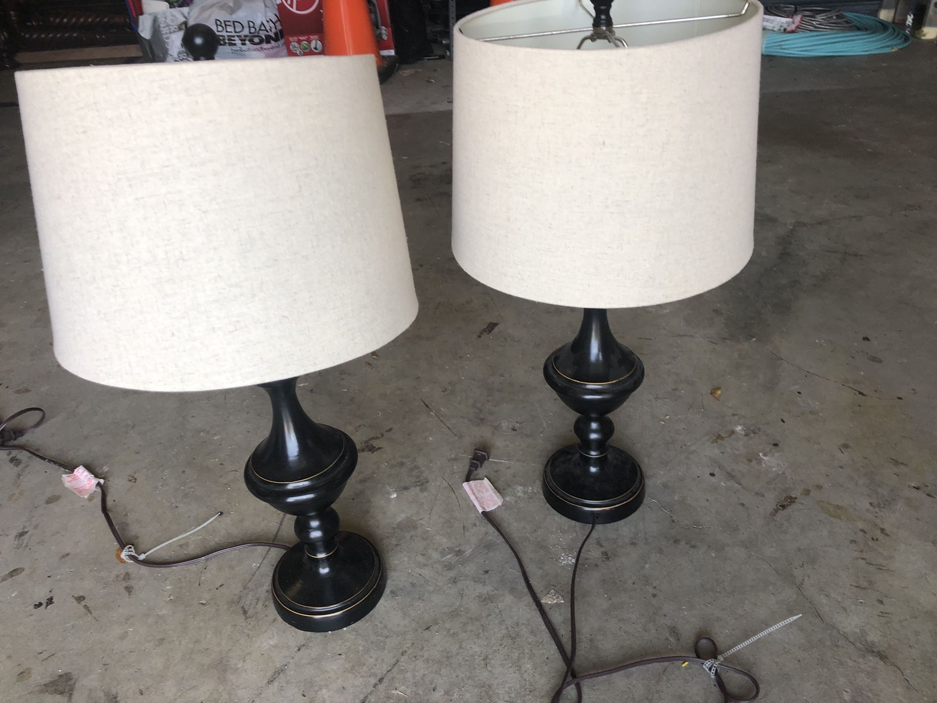 Two lamps sold as a set/pair black w/ linen shades