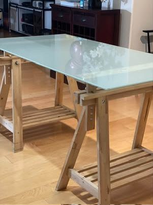 IKEA Adjustable Trestles, Desk/table Legs And Glass Top