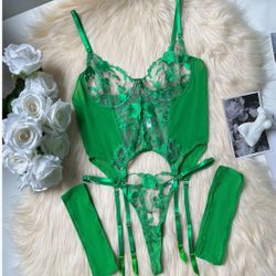 Small Green Lingerie Sets for Women Classy,Lace Womens Corset Teddy Lingerie 3 Piece with Garter Belt