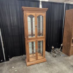 Traditional Medium Oak Wood China Cabinet with Ornate Hardware
