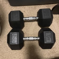 2 55 lb Rubber Hex Dumbbells 