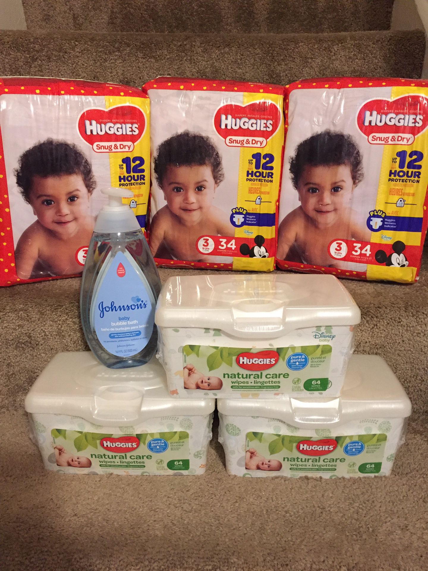 Huggies size 3, wipes and baby bath bundle - SOLD EXACTLY AS PICTURED NO SUBSTITUTIONS