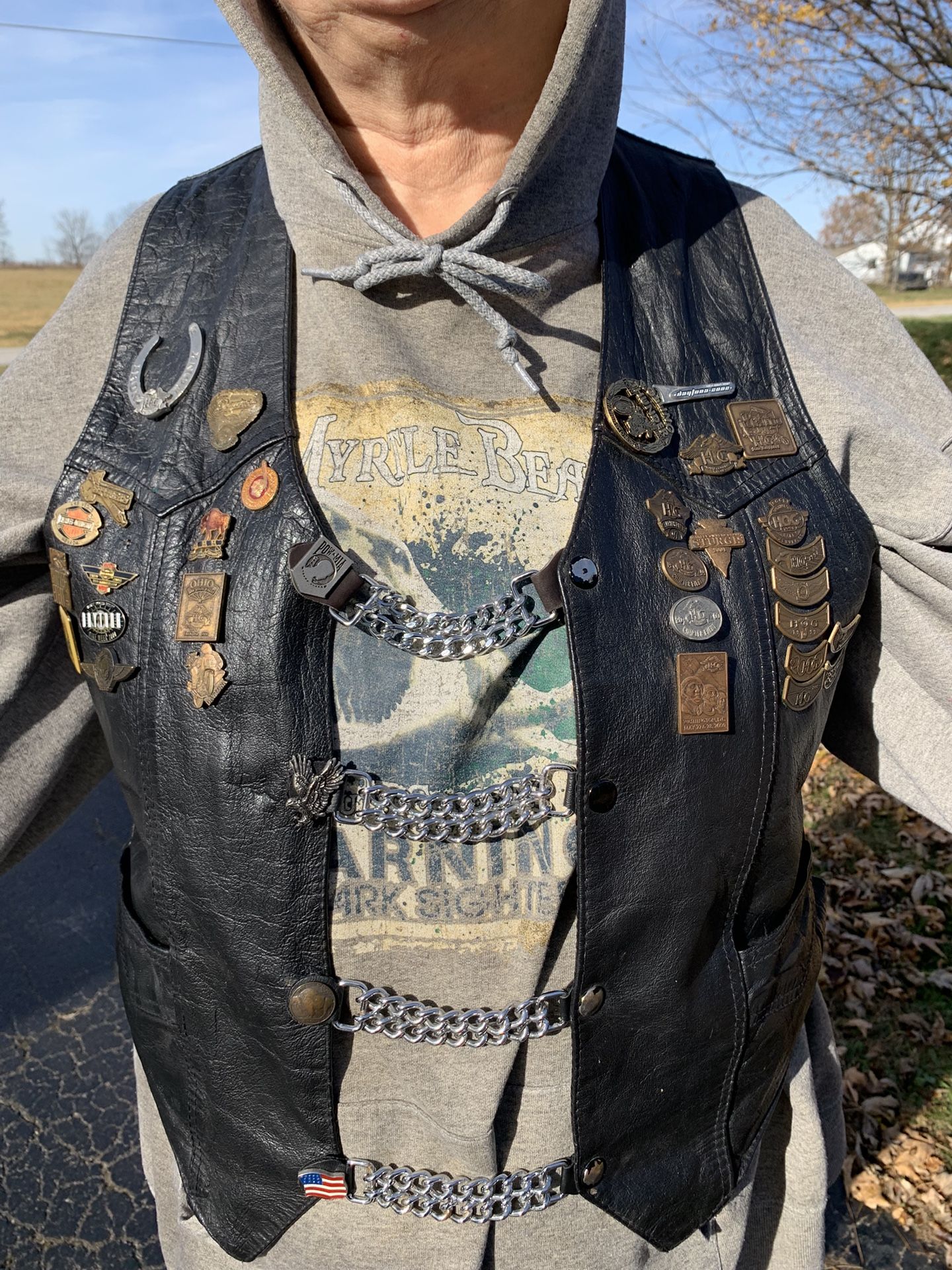 UNIK Black Leather Biker Vest 46 Harley Motorcycle Pins Patches Piqua,Ohio Club