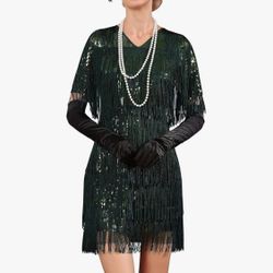 PrettyGuide Women's Blue Flapper Style Dress with Tiered Long Sleeves, Fringe and Sequins, 1920s Style
