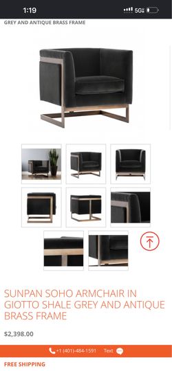 SUNPAN SOHO ARMCHAIR IN GIOTTO SHALE GREY AND ANTIQUE BRASS FRAME