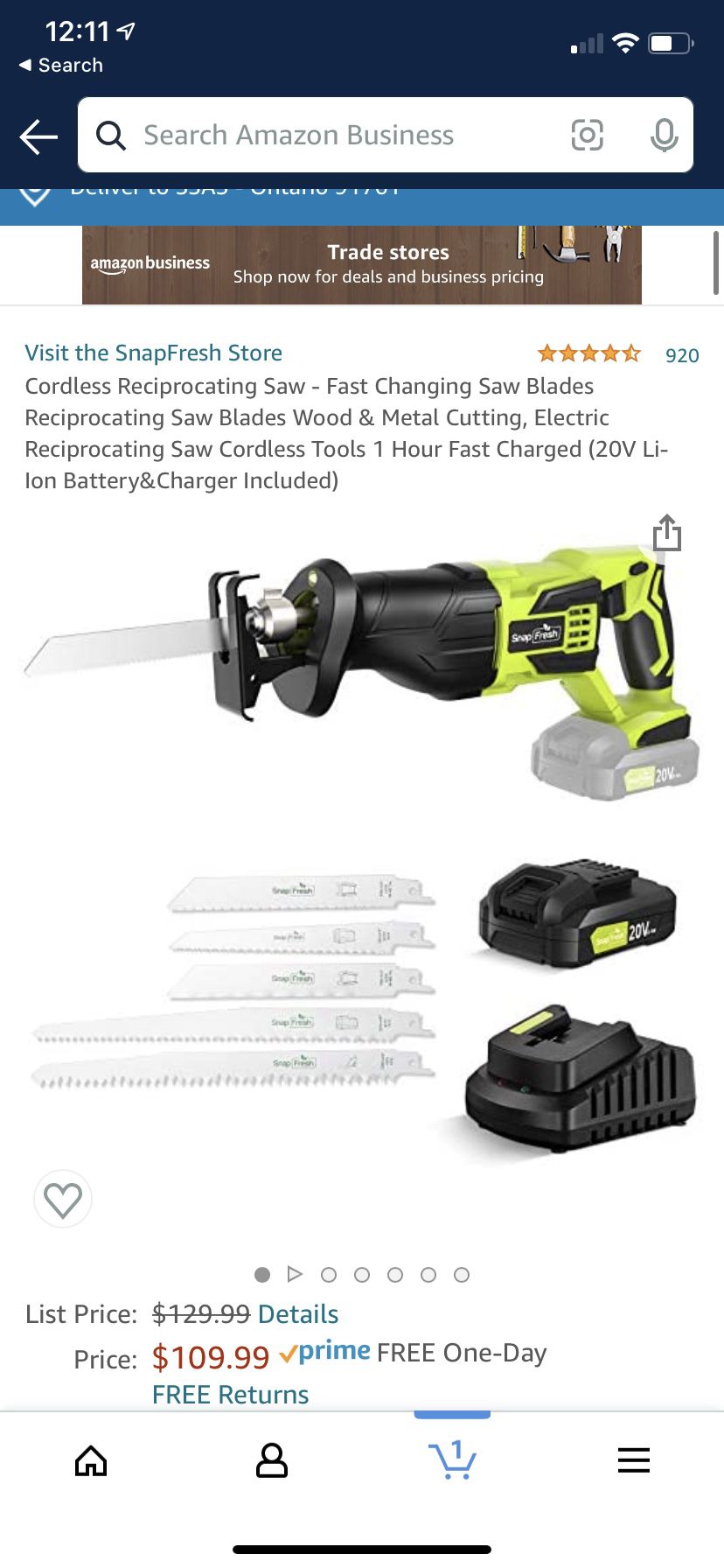 Cordless reciprocating saw- 20V Ali-Ion Battery & Charger