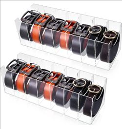 2 Pcs Belt Organizer,14 Compartments 15.6in Belt Holder Storage Box,Thick Acrylic Belts Organizer,Clear Display Case for Closet and Bow Tie