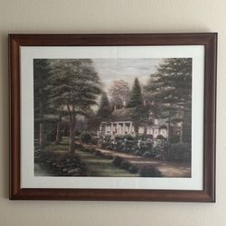🏡 Wood Framed Thatched Roof Cottage Print with glass and Matte Frame measures 31”Lx 25”H Smoke and pet free home. PU in Kennewick near Canyon Lakes G