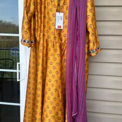 NWT! Brand W Plus-Size 18 Mustard yellow Printed Satin-feel Kurta Dress + Chunni