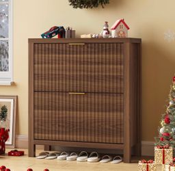 Fluted Shoe Cabinet Storage with 2 Flip Drawers ,Hallway Narrow Shoe Rack Freestanding Shoe Organizer,Walnut