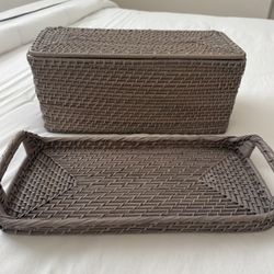 Gray Rattan Tray and Basket