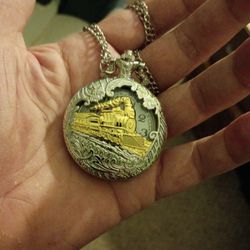 Pocket Watch On Chain With Train On Front In Perfect Condition 