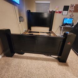 Queen Size Black Solid Wood Bed Frame Head Board, Foot Board, Rails And 1 Night Stand. All For $125