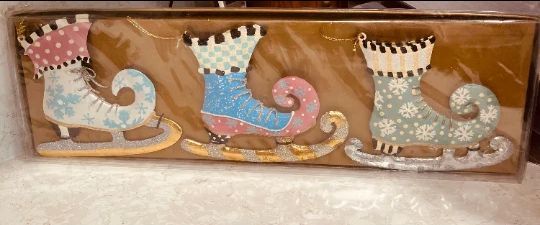Mackenzie Childs Rare Home Sweet Snow Skate Tin Ornaments Box Set of 3