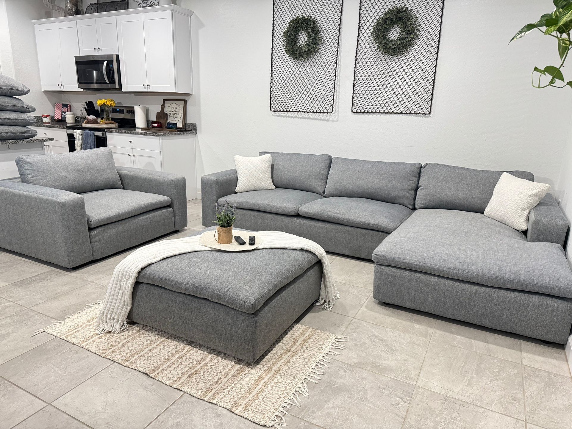 Grey Sectional Cloud Couch W/ Matching Ottoman & Chair