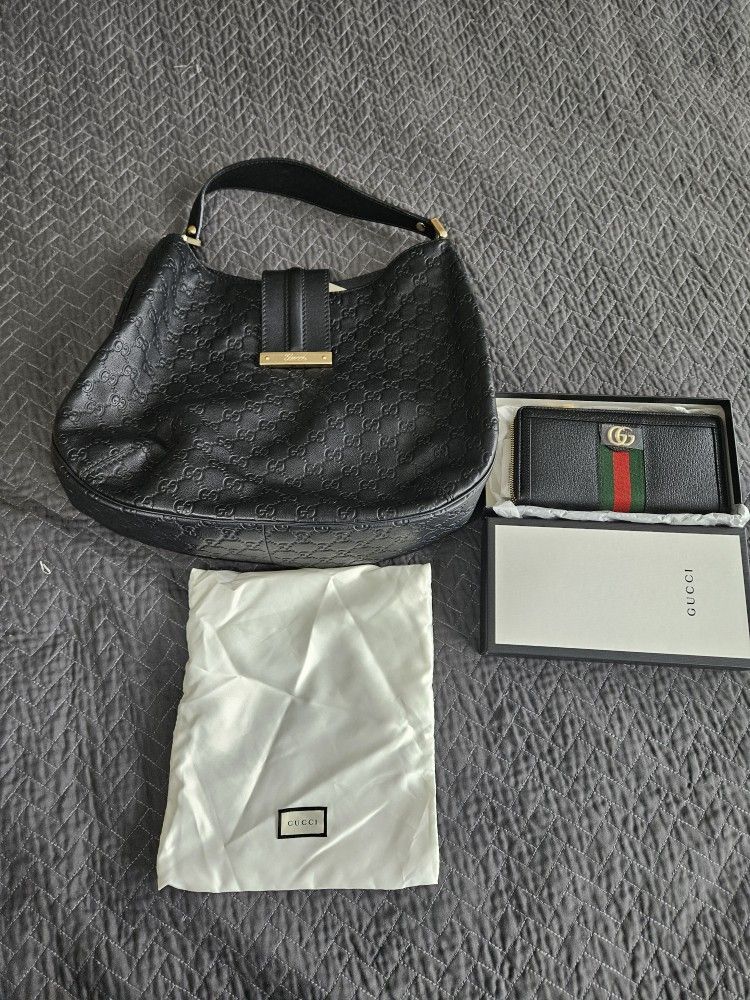 GUCCI Guccissima Large Ladies Hobo Black with Wallet