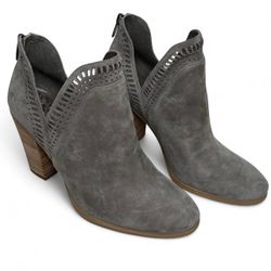 Vince Camuto “Fileana” Split Shaft Suede Ankle Heel Booties in Gray
