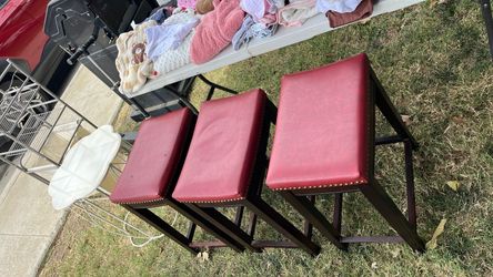 Set of 3 Red Leather Bar Stools