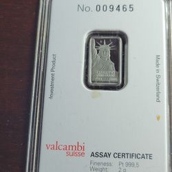 2 Gram Statue of Liberty Platinum Bar Assay Certified Card Valcambi Suisse