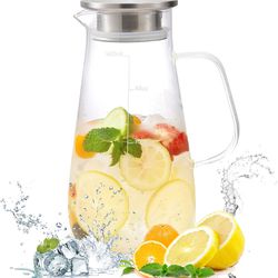 Glass Pitcher, 56oz/1600ml Water Pitcher with Stainless Steel Lid and Scale Line for Iced Tea & Juice, Homemade Drinks Glass Jug, Water Jug with Handl