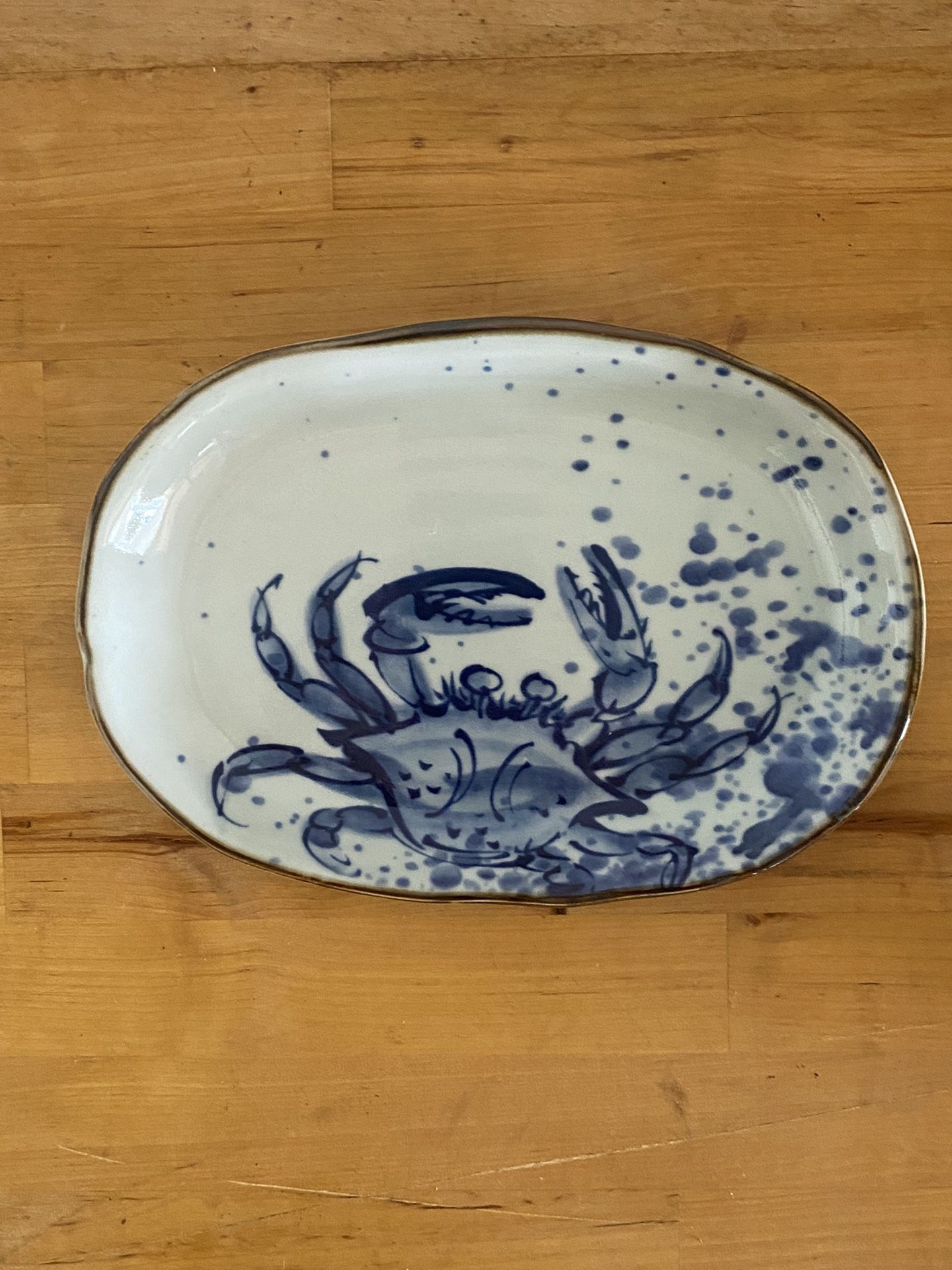 Vintage Kotobuki Japanese Blue Crab Sushi Plate Platter Mino Yaki Ware Pottery