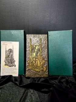 Vintage Madonna & Child Christianity Icon Plaque Green Box w/ Information Card