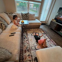 Sectional Couch - Polyester Upholstery, Leather Trim