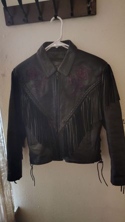 Black Leather Fringe Biker Jacket with Rose Embroidery