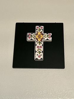 Ceramic Multicolored Cross On Wood 