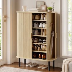 6-Tier Shoe Cabinet with Sliding Door, Wooden Shoe Storage Cabinet with Adjustable Shelves, Mid-Century Modern Freestanding Shoe Storage Organizer for