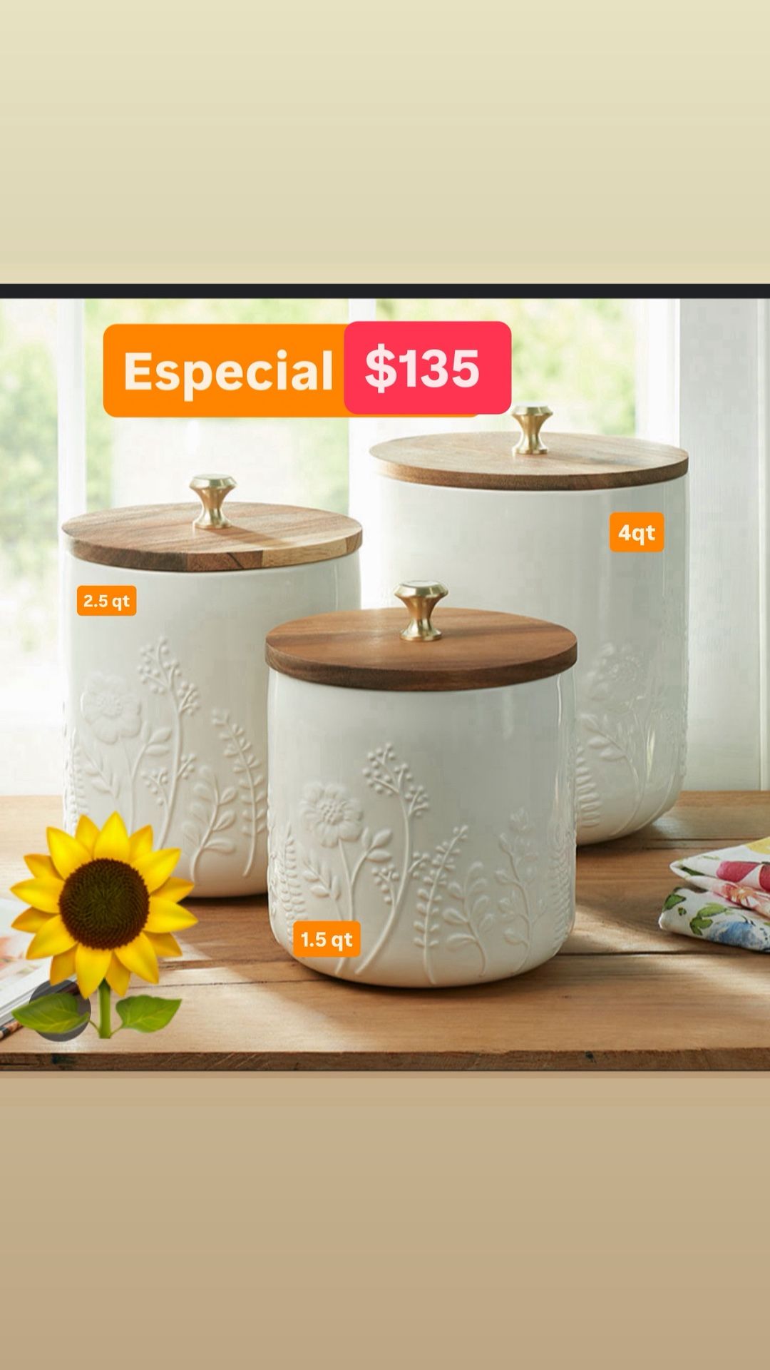 $135.00 Set De 3 Botes Para Organizar Harinas Ceriales Chiles Azúcares Línea Wildflawer De Cerámica Princess House 