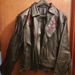 Vintage Black Leather Jacket With Red Roses And Fringes